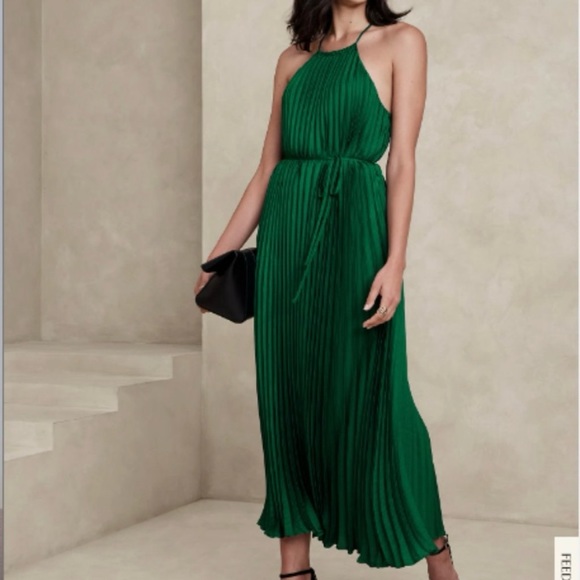 Banana Republic Green Halter Pleated Maxi Dress M - Picture 6 of 7